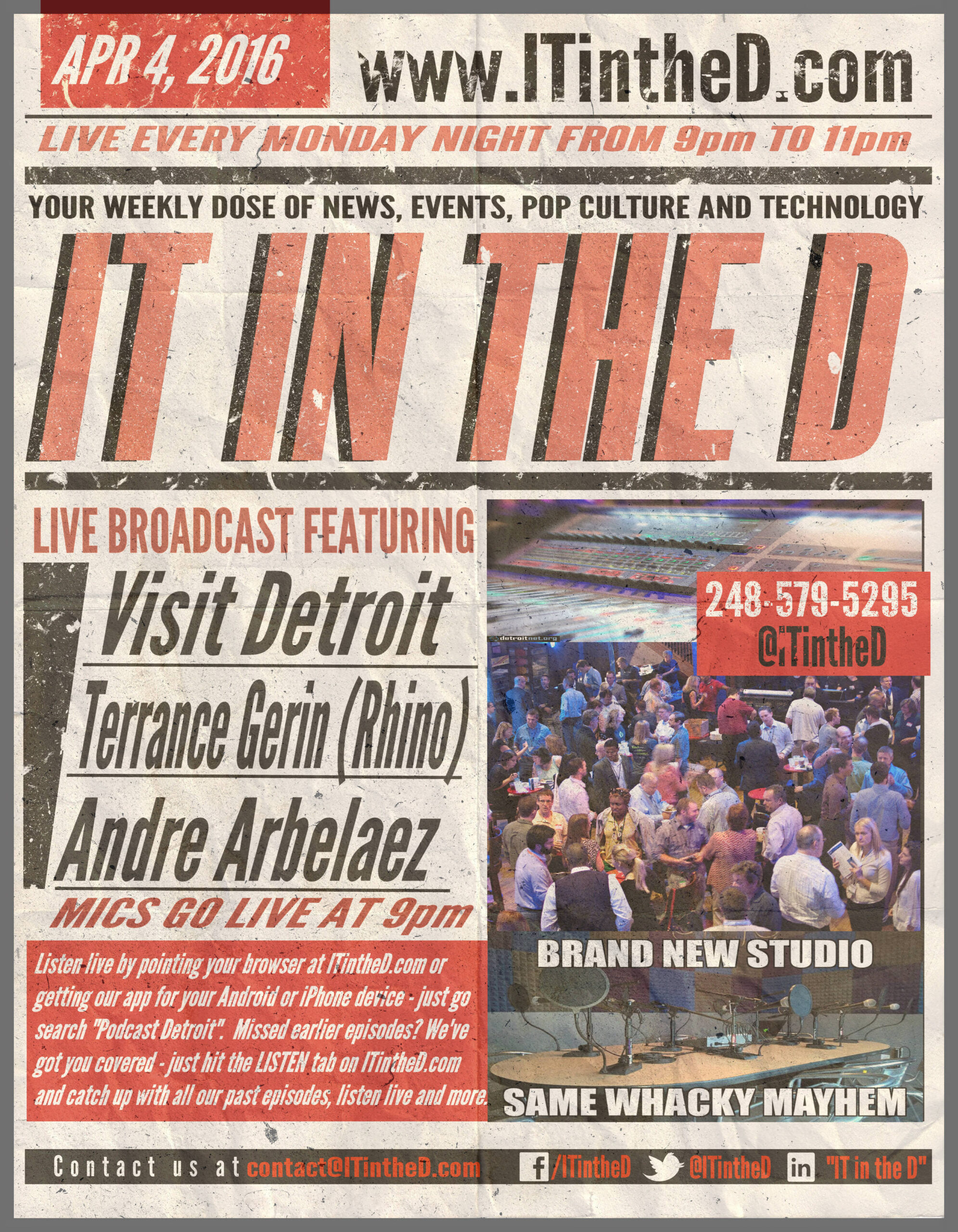 Visit Detroit, Rhino, and HITEC In-Studio Tonight, Event Updates and More for 4/4/2016