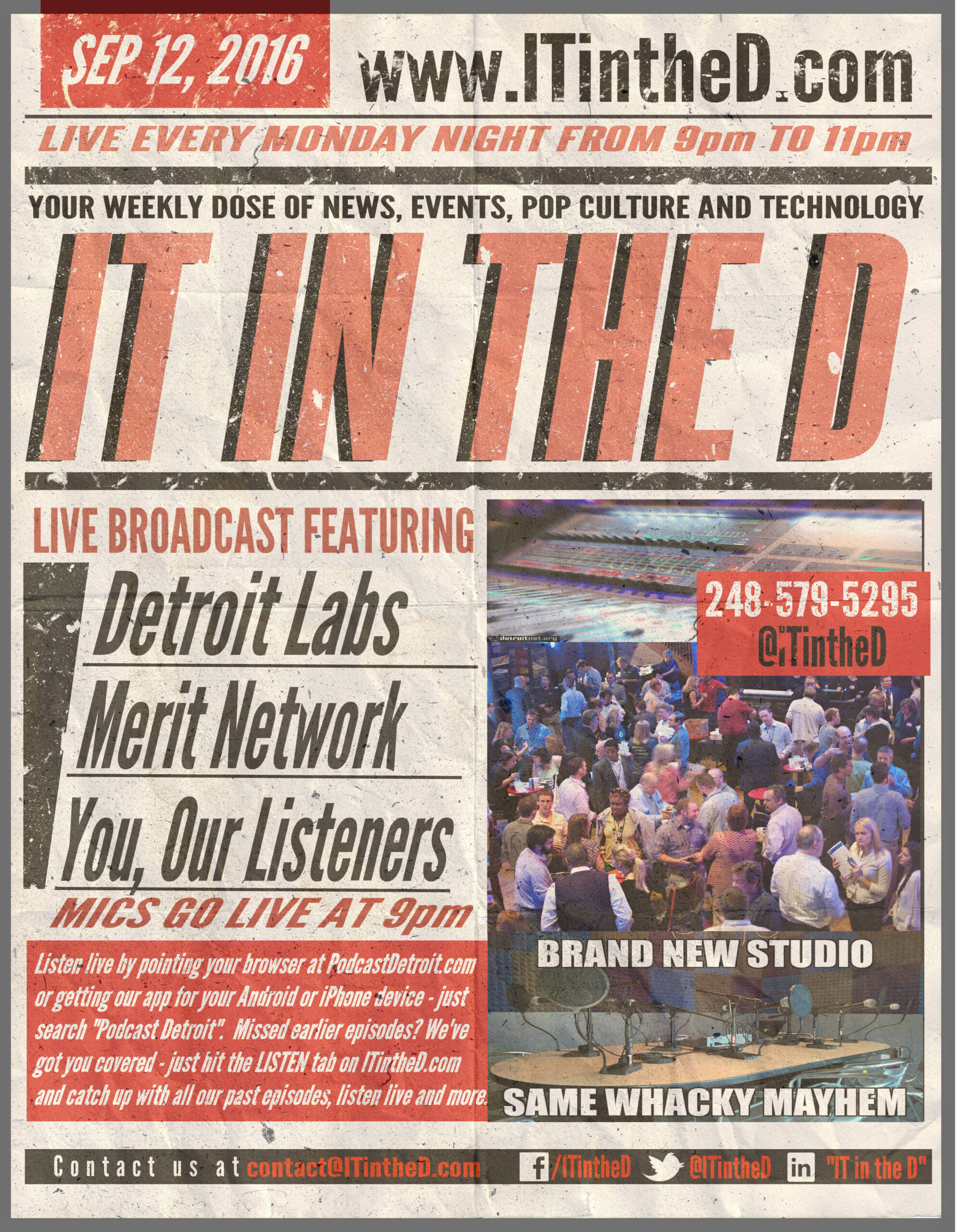 Detroit Labs and Merit Network In Studio Tonight, Pink Slip Party Thursday, Blogs, Updates and More for 9/12/2016