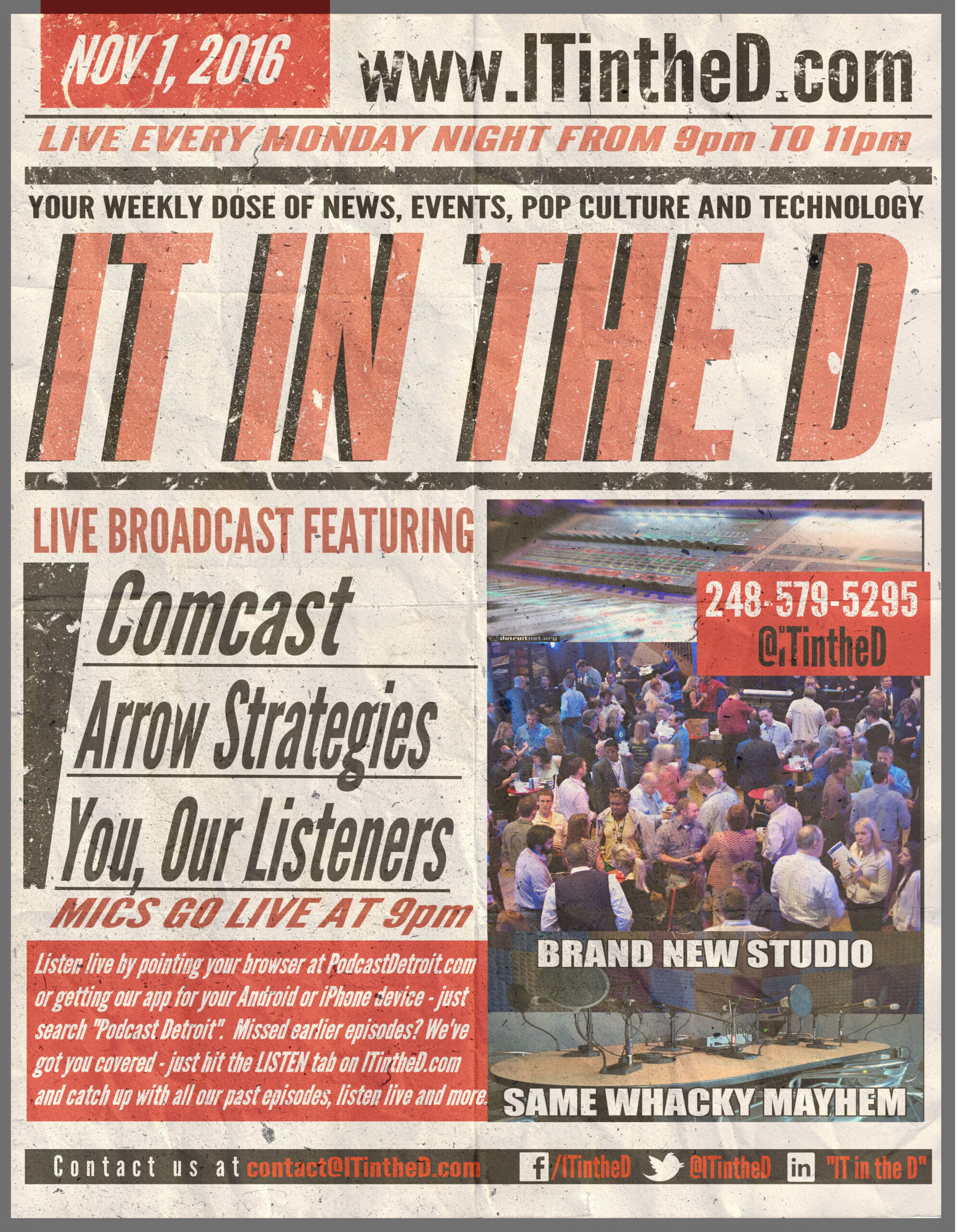 Comcast, Arrow Strategies Live In Studio Tonight, Podcast Detroit Expansion, Event Updates and More for 11/1/2016