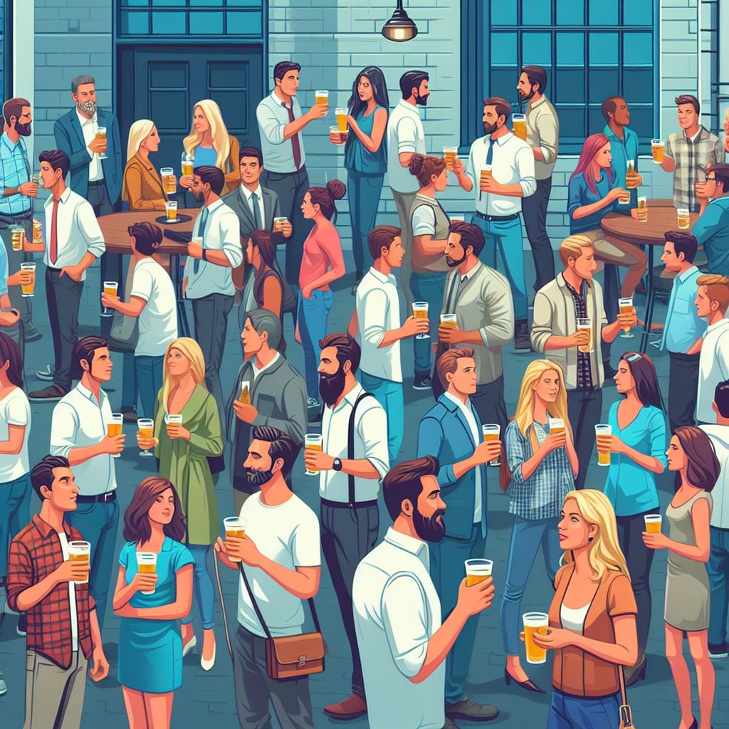 Crowd of people talking to each other at a bar