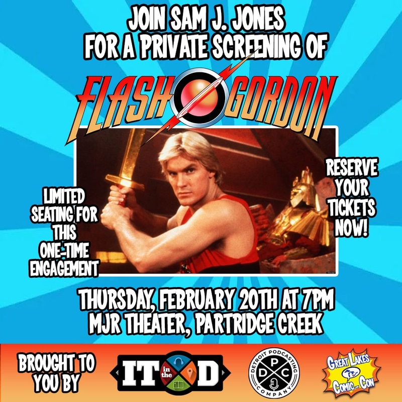 Information about a Flash Gordon movie screening that took place featuring the movie poster with Flash Gordon wielding a sword.